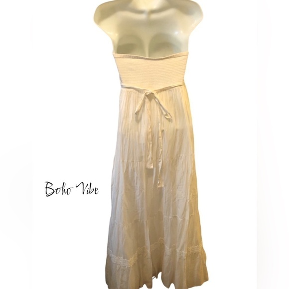 Boutique Strapless Boho SILK Blend Wedding Dress Smocked Tiered Ruffle Skirt M - Picture 5 of 9